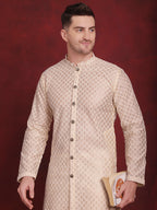Jompers Men's Sequin Chikankari Front Open Kurta - Golden