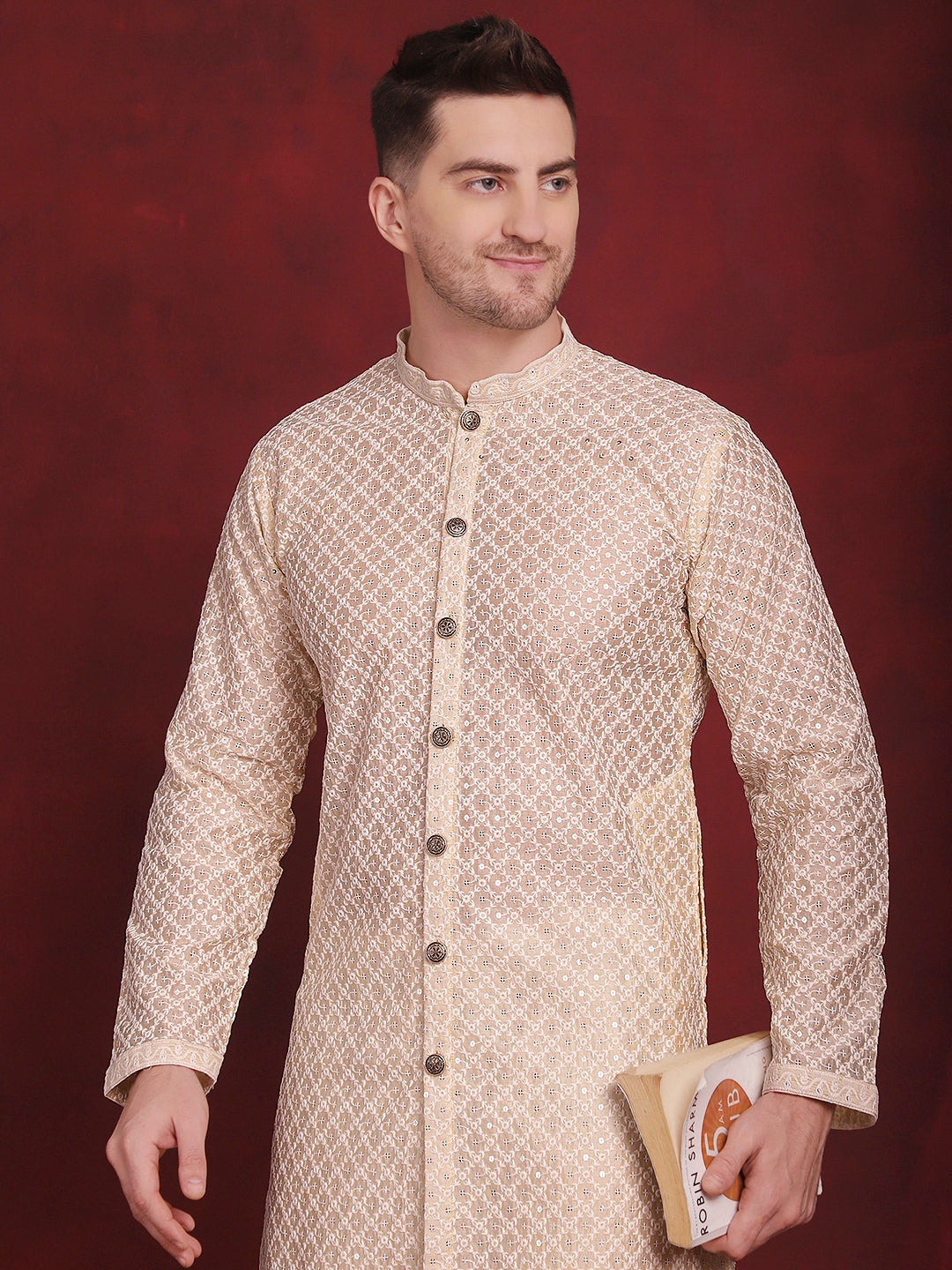 Jompers Men's Sequin Chikankari Front Open Kurta - Golden