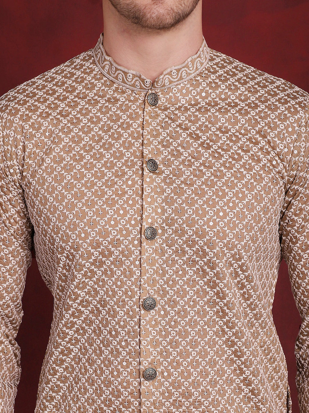 Jompers Men's Sequin Chikankari Front Open Kurta - Beige
