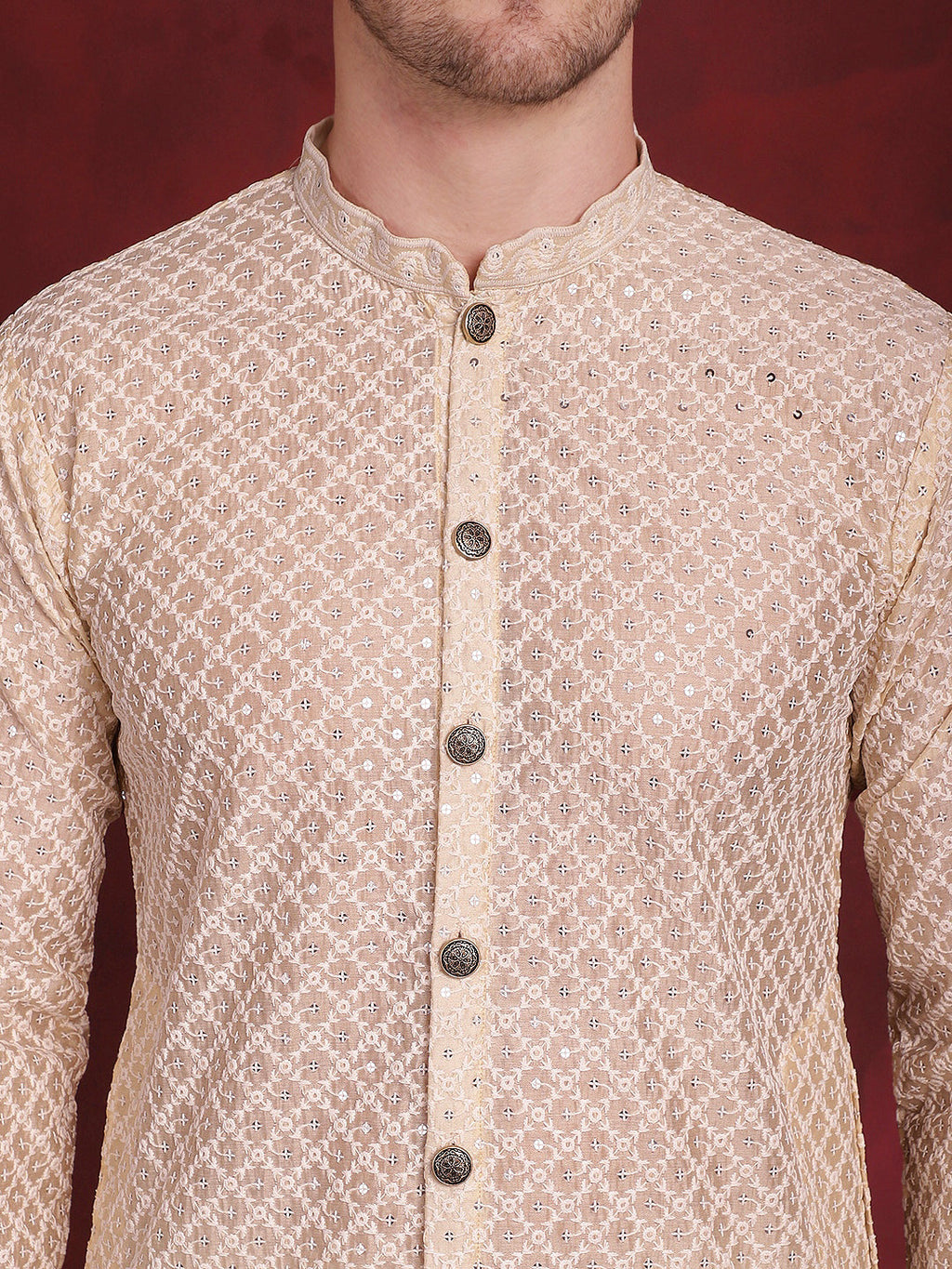 Jompers Men's Sequin Chikankari Front Open Kurta - Golden