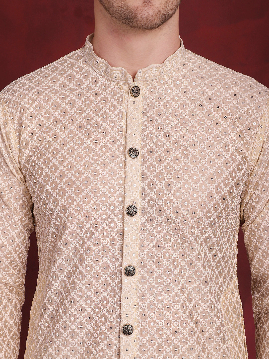 Jompers Men's Sequin Chikankari Front Open Kurta - Golden