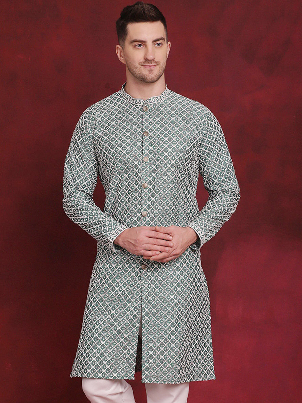 Jompers Men's Sequin Chikankari Front Open Kurta - Green
