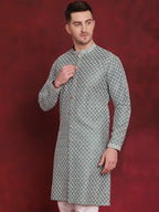Jompers Men's Sequin Chikankari Front Open Kurta - Green