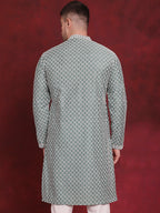 Jompers Men's Sequin Chikankari Front Open Kurta - Green