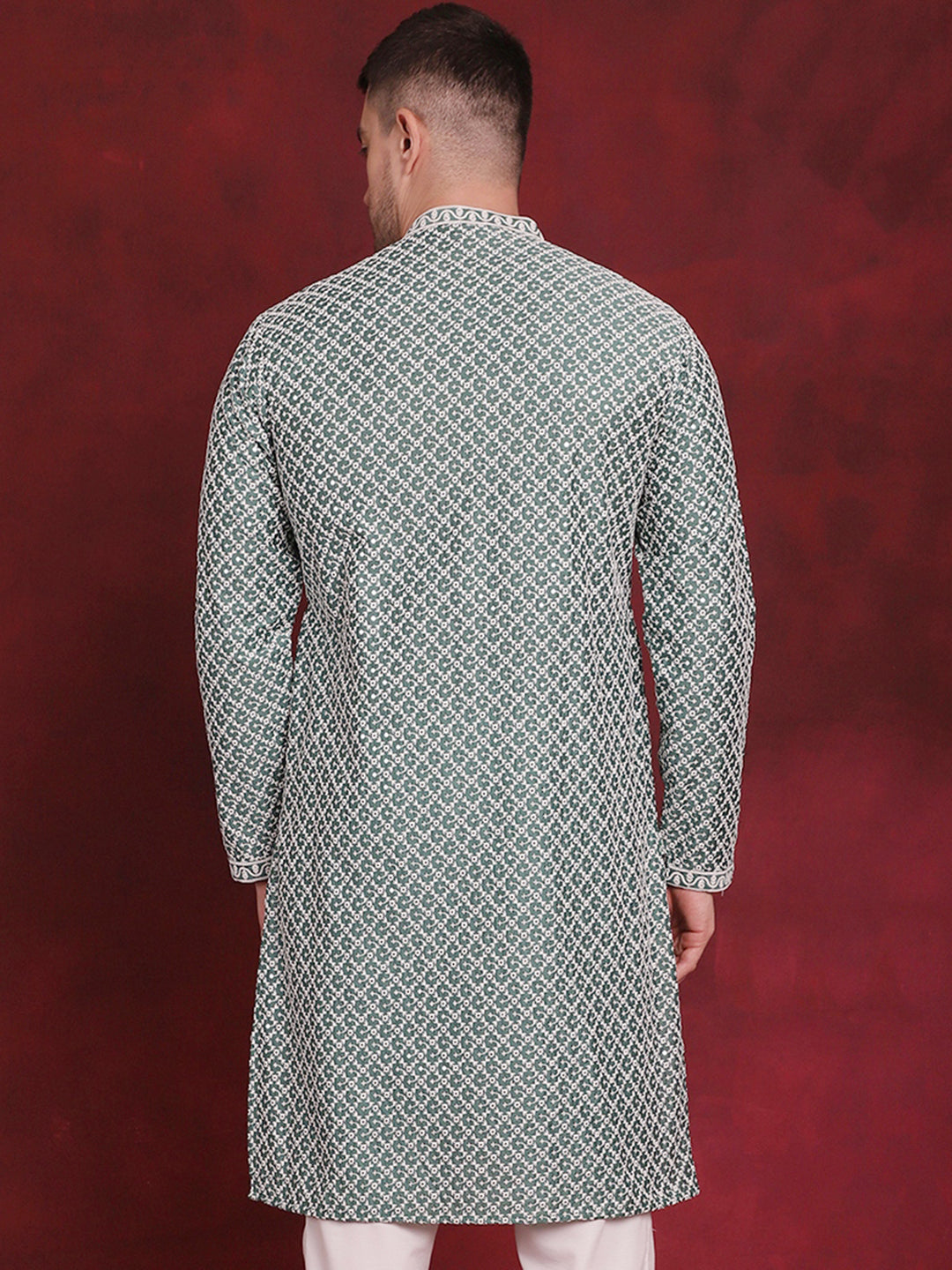 Jompers Men's Sequin Chikankari Front Open Kurta - Green
