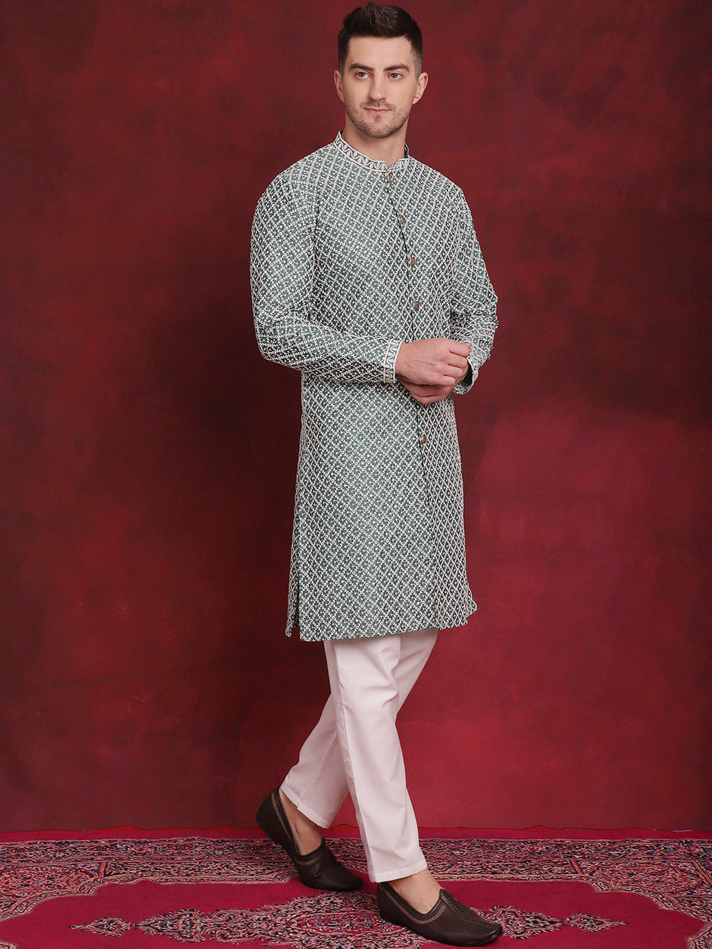 Jompers Men's Sequin Chikankari Front Open Kurta - Green