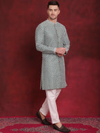 Jompers Men's Sequin Chikankari Front Open Kurta - Green