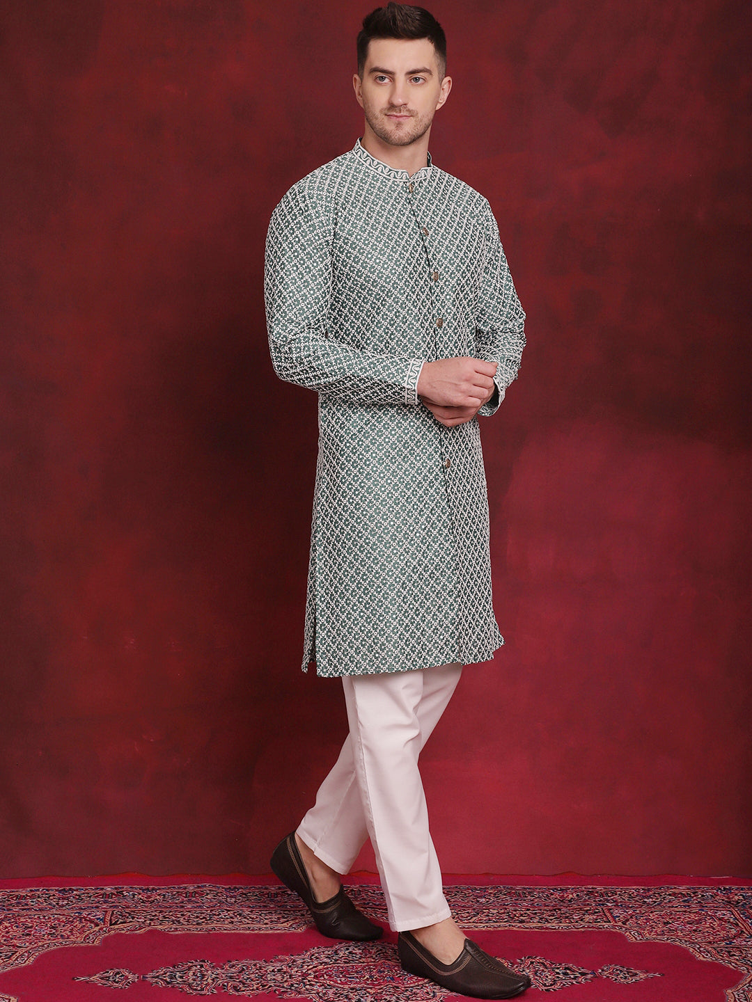 Jompers Men's Sequin Chikankari Front Open Kurta - Green