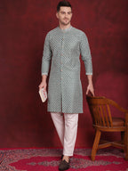 Jompers Men's Sequin Chikankari Front Open Kurta - Green