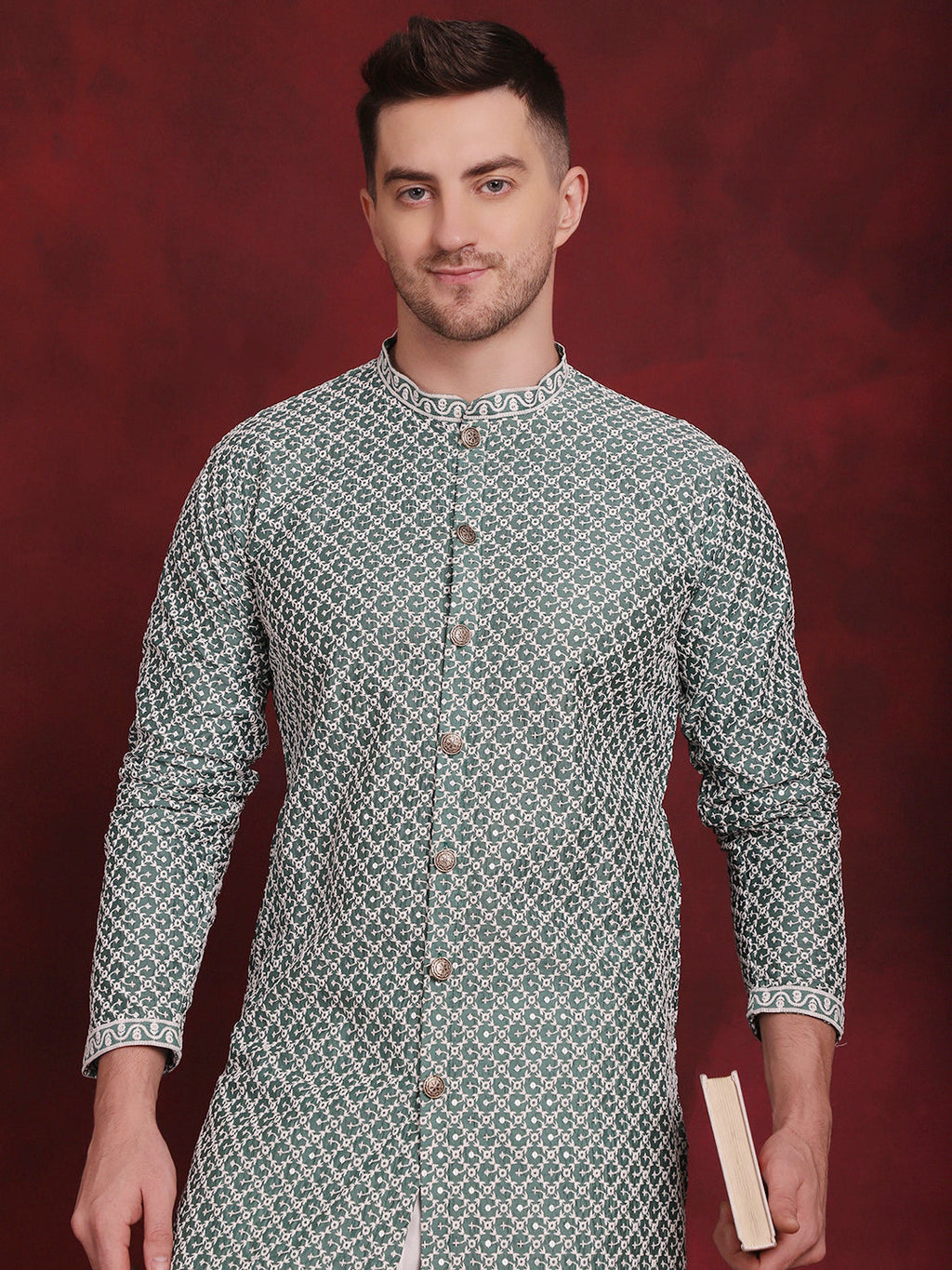 Jompers Men's Sequin Chikankari Front Open Kurta - Green