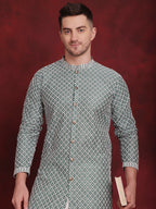 Jompers Men's Sequin Chikankari Front Open Kurta - Green