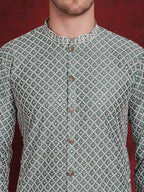 Jompers Men's Sequin Chikankari Front Open Kurta - Green