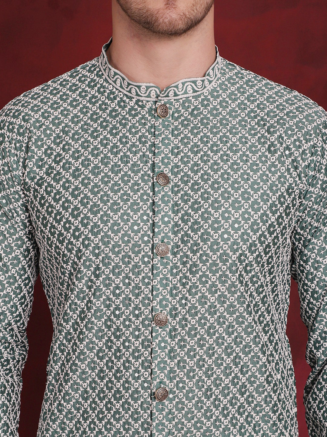 Jompers Men's Sequin Chikankari Front Open Kurta - Green