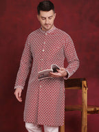 Jompers Men's Sequin Chikankari Front Open Kurta - Maroon
