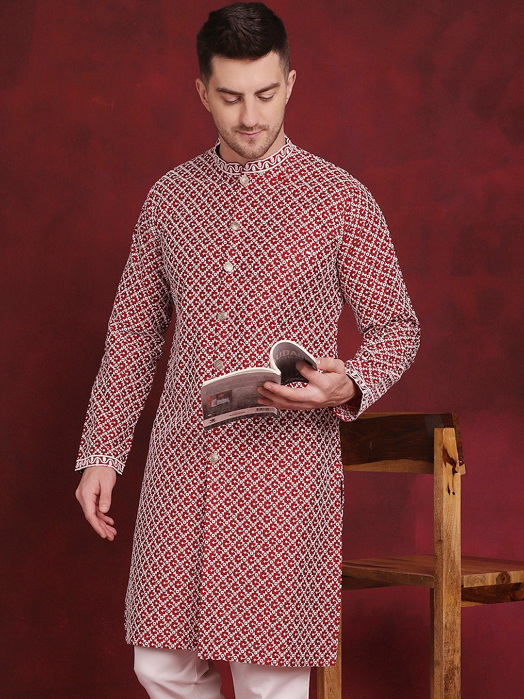 Jompers Men's Sequin Chikankari Front Open Kurta - Maroon