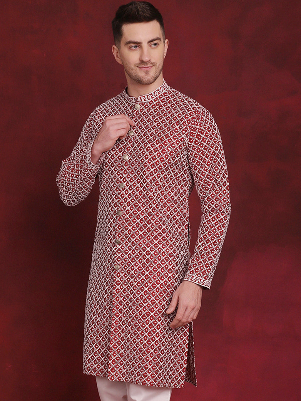 Jompers Men's Sequin Chikankari Front Open Kurta - Maroon