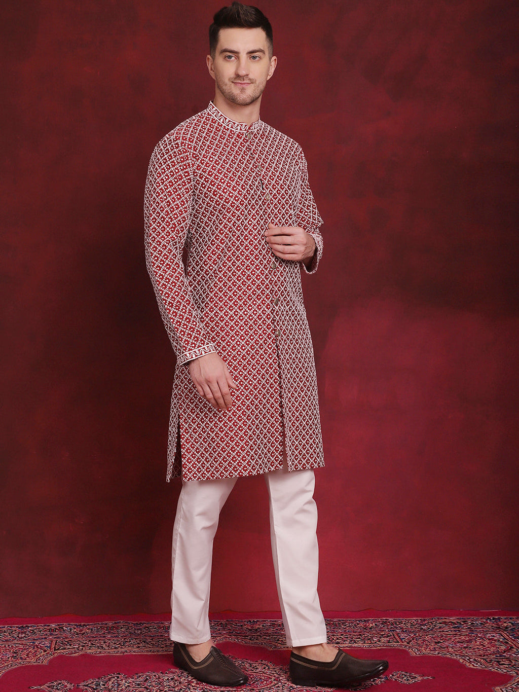 Jompers Men's Sequin Chikankari Front Open Kurta - Maroon