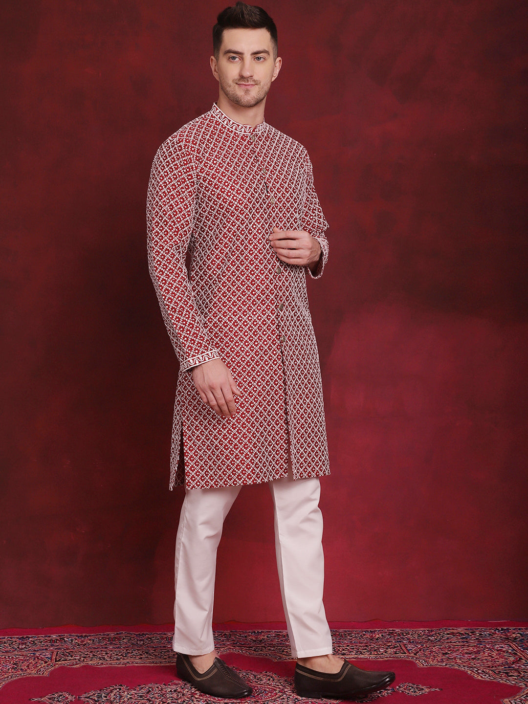 Jompers Men's Sequin Chikankari Front Open Kurta - Maroon