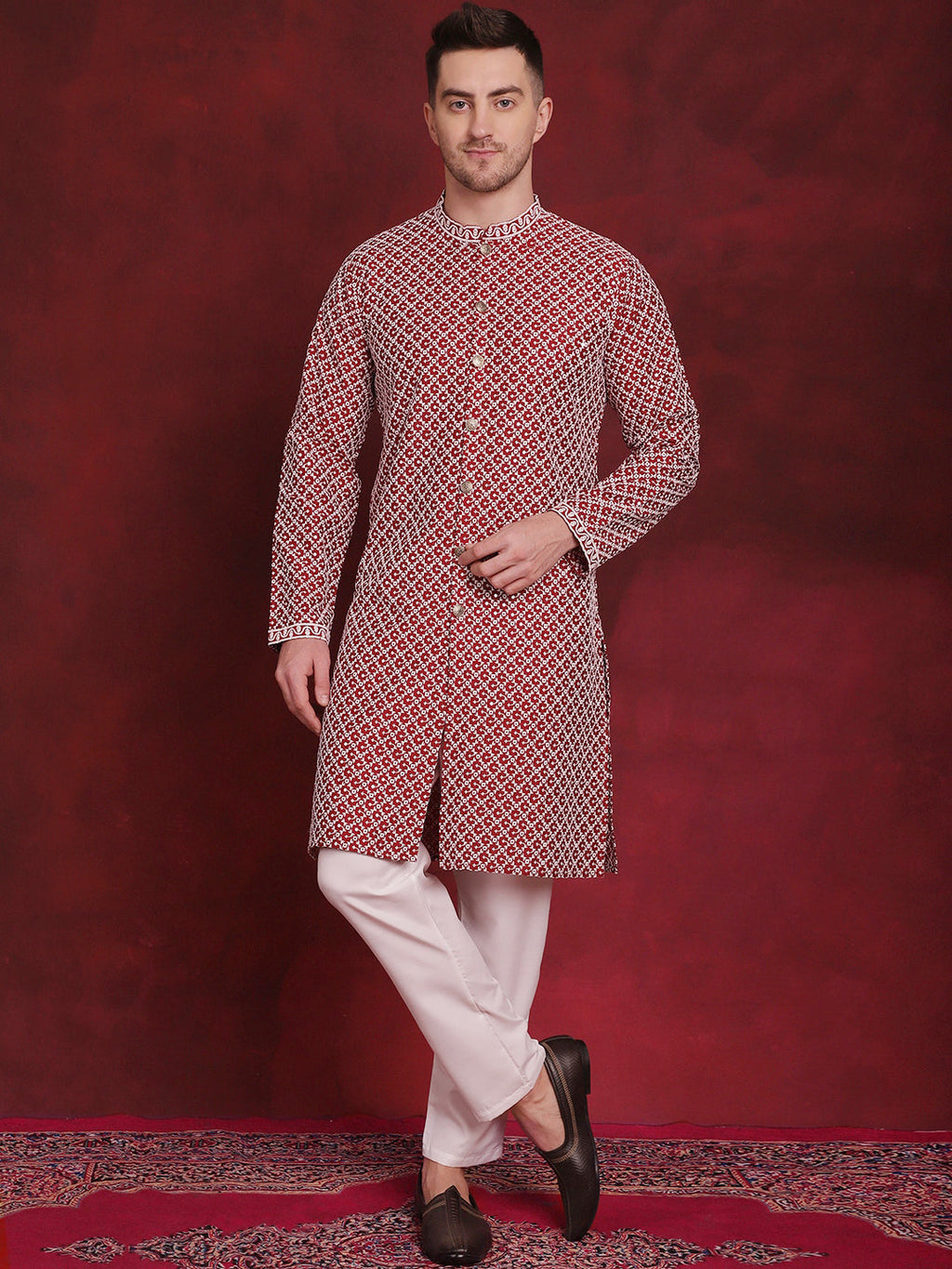 Jompers Men's Sequin Chikankari Front Open Kurta - Maroon