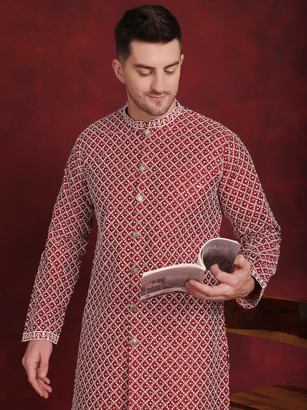Jompers Men's Sequin Chikankari Front Open Kurta - Maroon