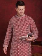Jompers Men's Sequin Chikankari Front Open Kurta - Maroon