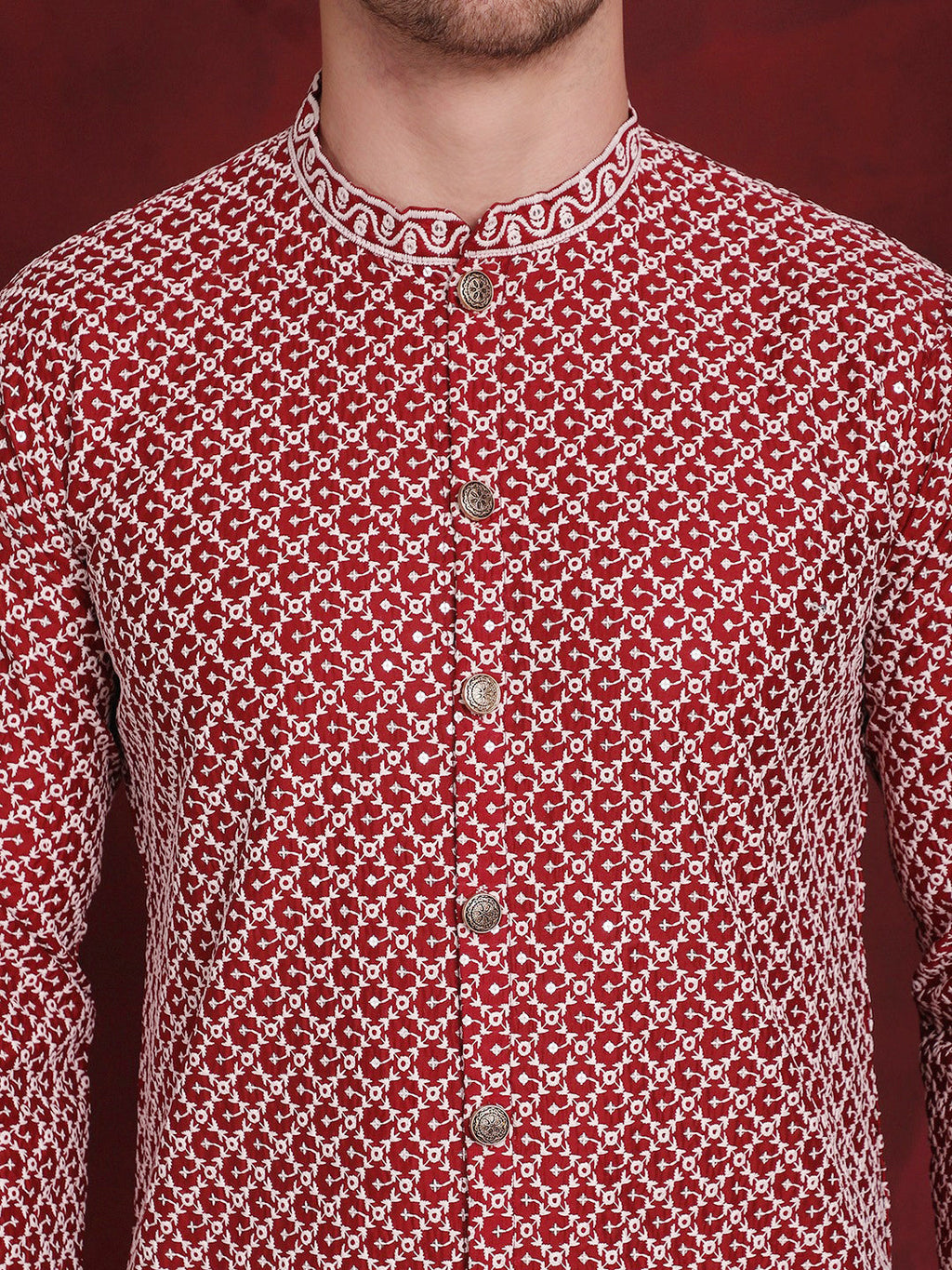 Jompers Men's Sequin Chikankari Front Open Kurta - Maroon