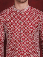 Jompers Men's Sequin Chikankari Front Open Kurta - Maroon