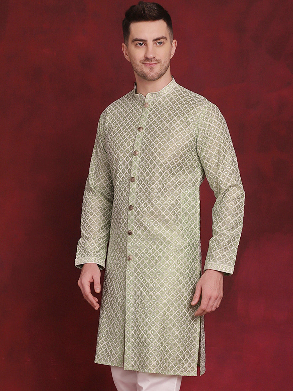 Jompers Men's Sequin Chikankari Front Open Kurta - Pista