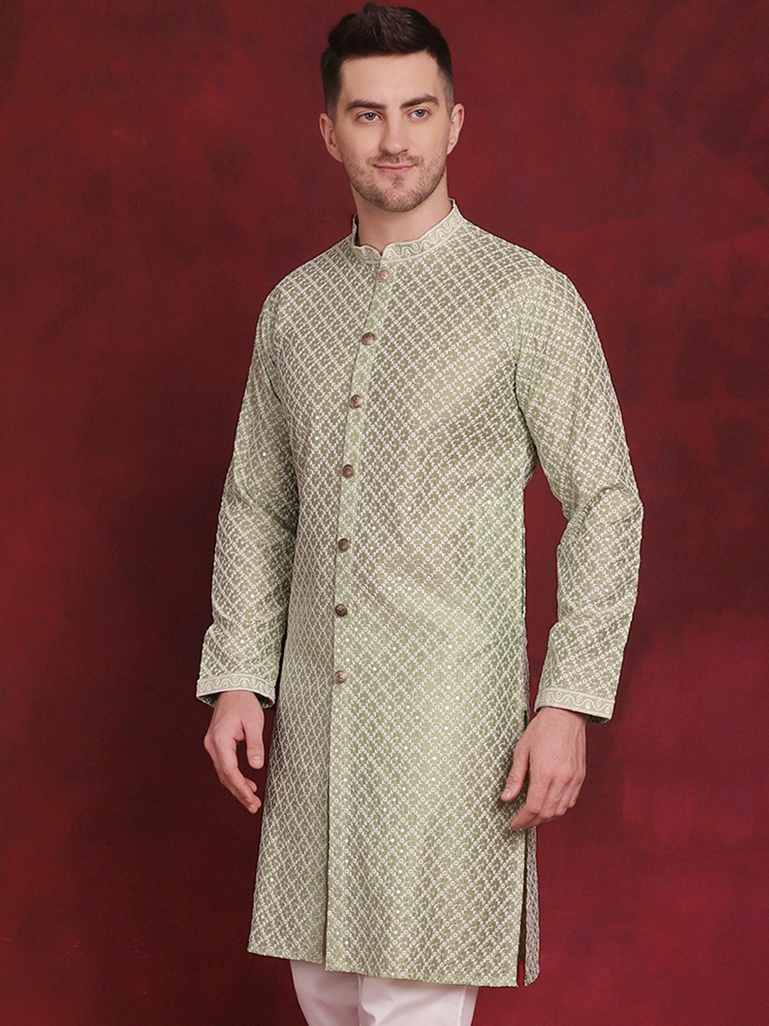Jompers Men's Sequin Chikankari Front Open Kurta - Pista
