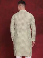 Jompers Men's Sequin Chikankari Front Open Kurta - Pista