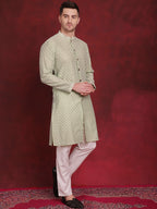 Jompers Men's Sequin Chikankari Front Open Kurta - Pista