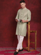 Jompers Men's Sequin Chikankari Front Open Kurta - Pista