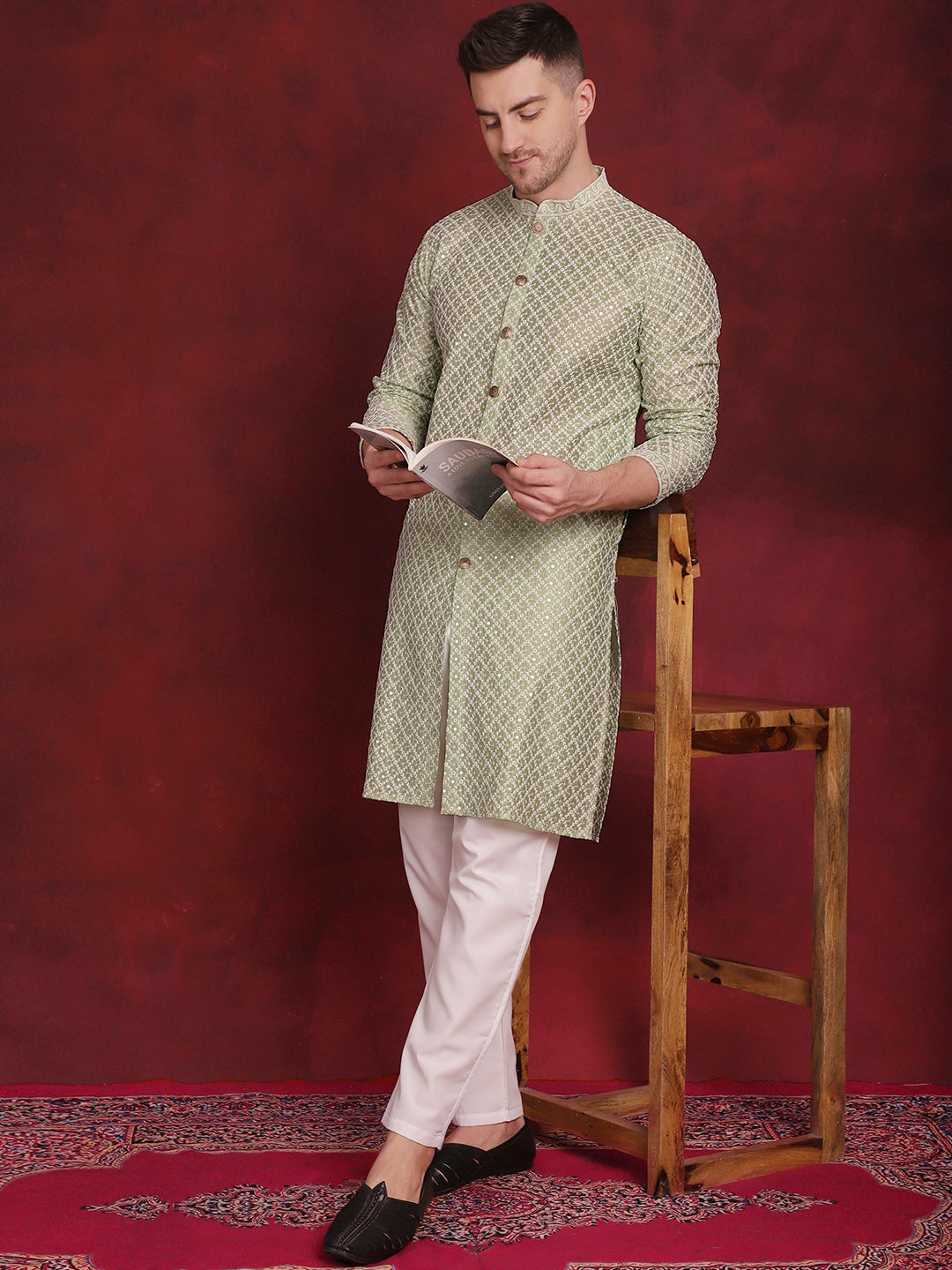 Jompers Men's Sequin Chikankari Front Open Kurta - Pista