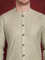 Jompers Men's Sequin Chikankari Front Open Kurta - Pista