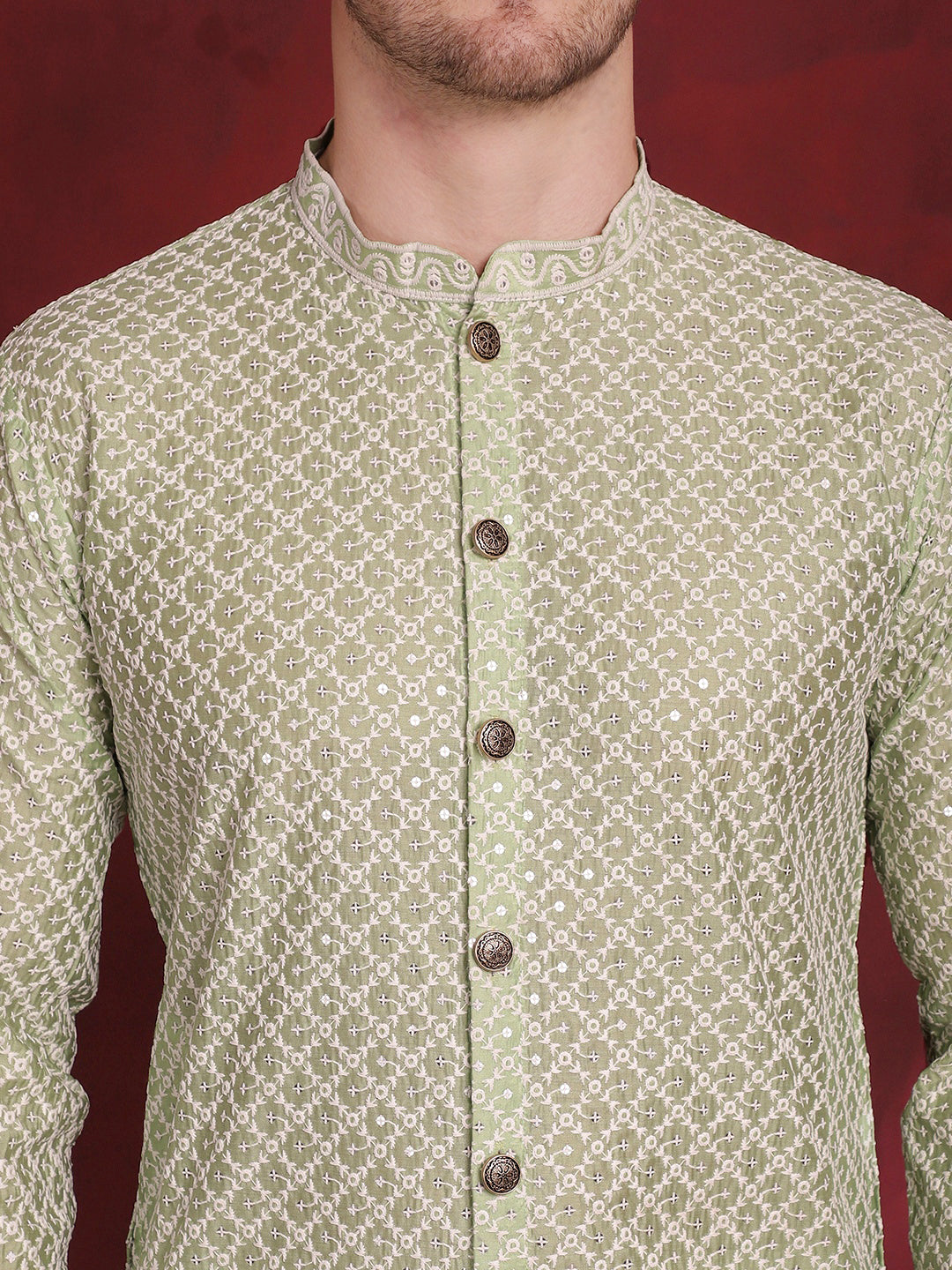 Jompers Men's Sequin Chikankari Front Open Kurta - Pista