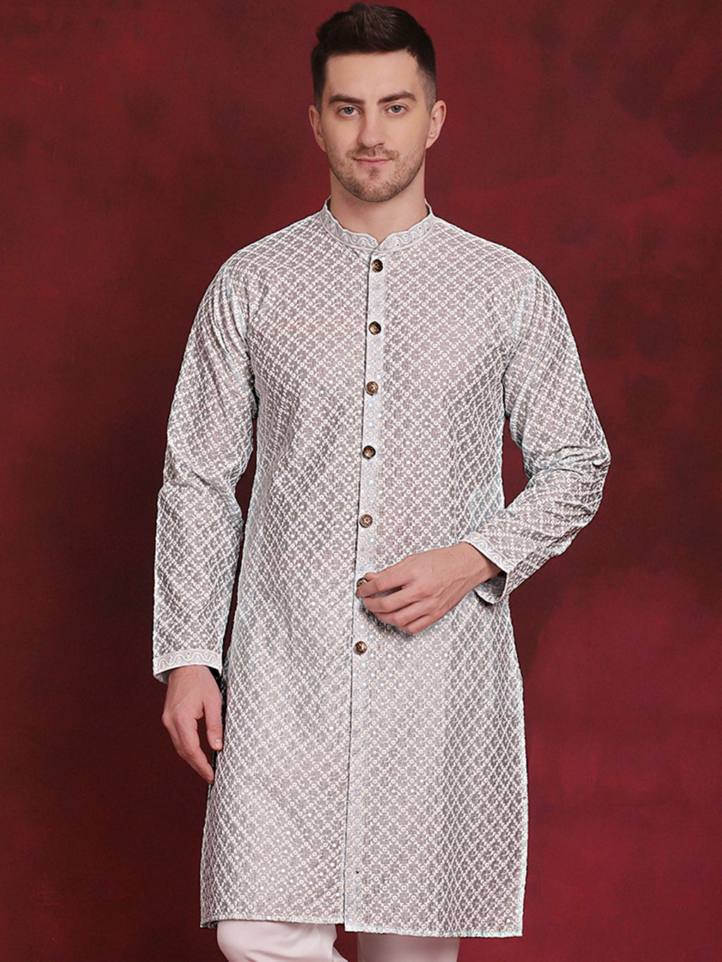 Jompers Men's Sequin Chikankari Front Open Kurta - Sky Blue
