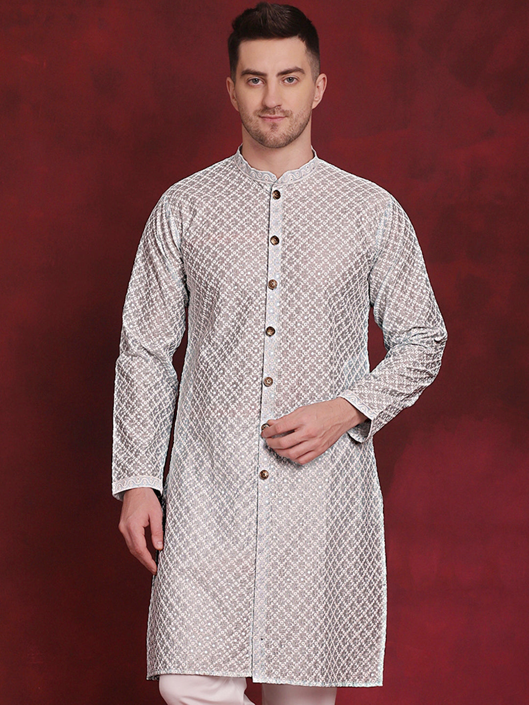 Jompers Men's Sequin Chikankari Front Open Kurta - Sky Blue