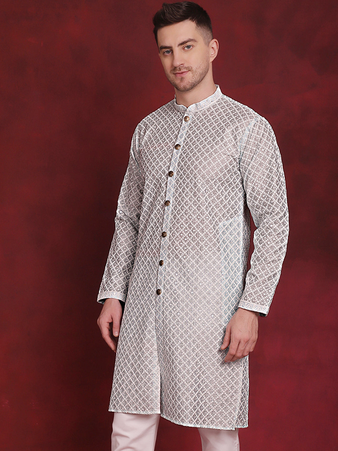 Jompers Men's Sequin Chikankari Front Open Kurta - Sky Blue