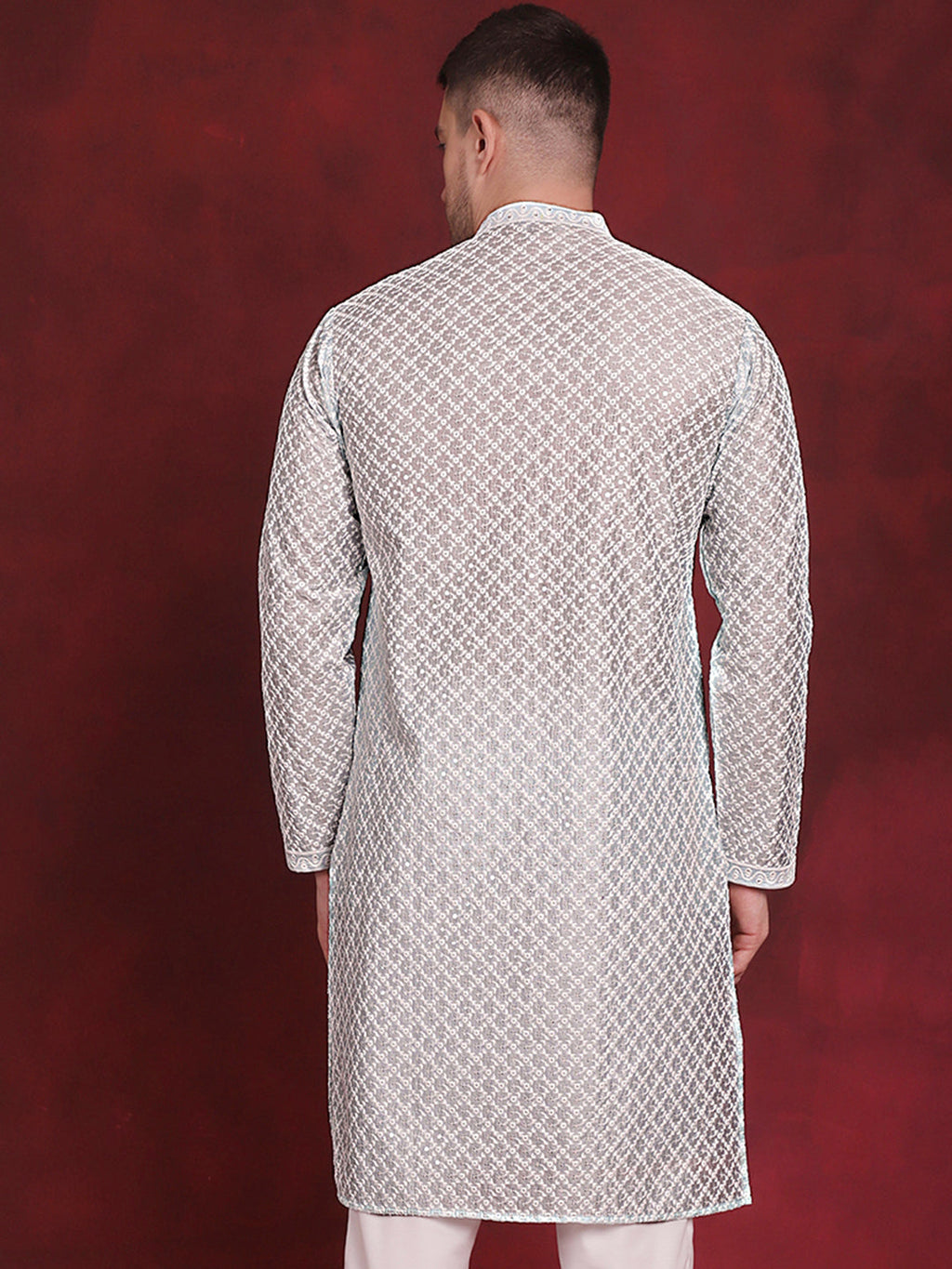 Jompers Men's Sequin Chikankari Front Open Kurta - Sky Blue