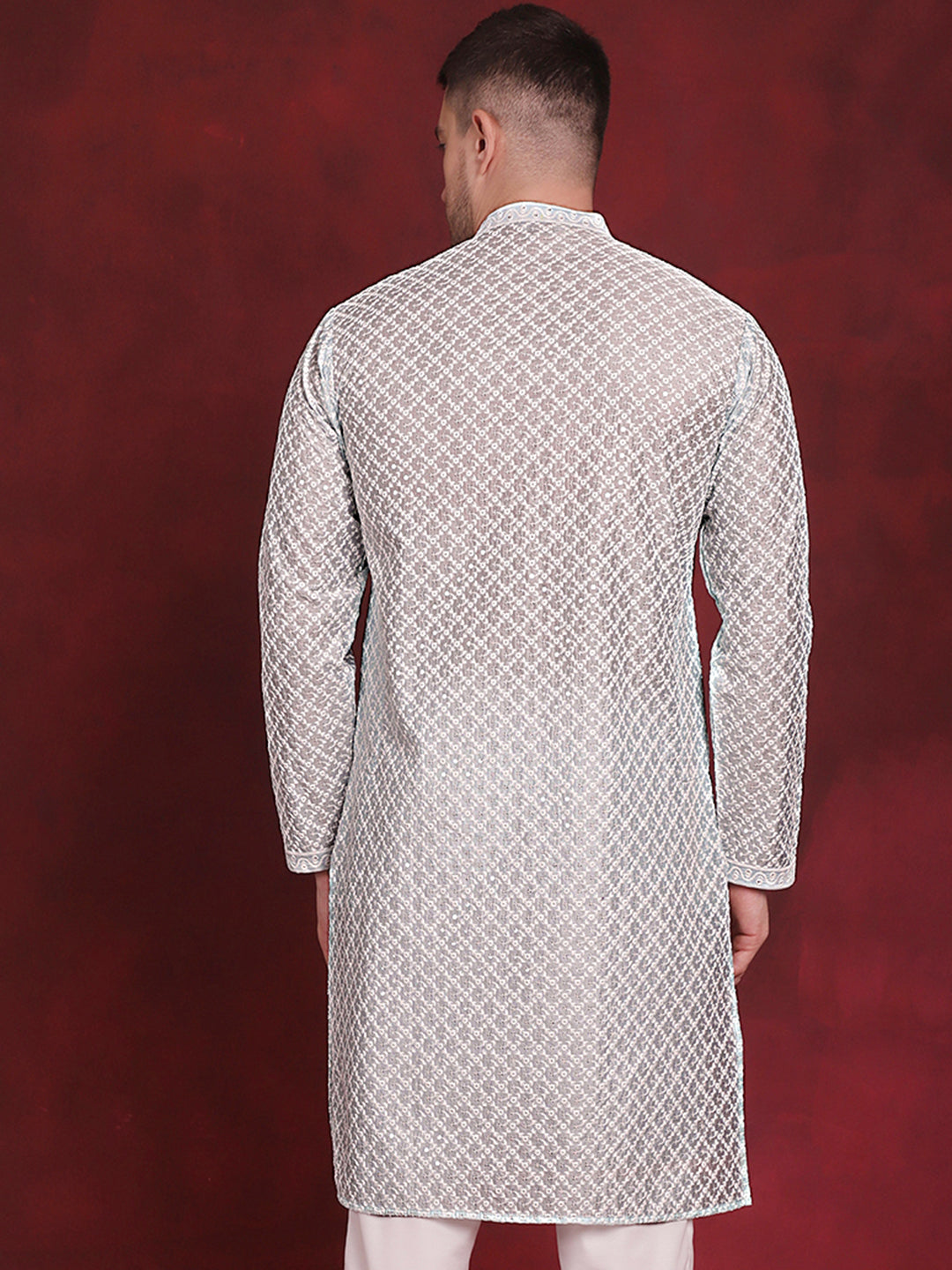 Jompers Men's Sequin Chikankari Front Open Kurta - Sky Blue