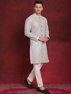 Jompers Men's Sequin Chikankari Front Open Kurta - Sky Blue