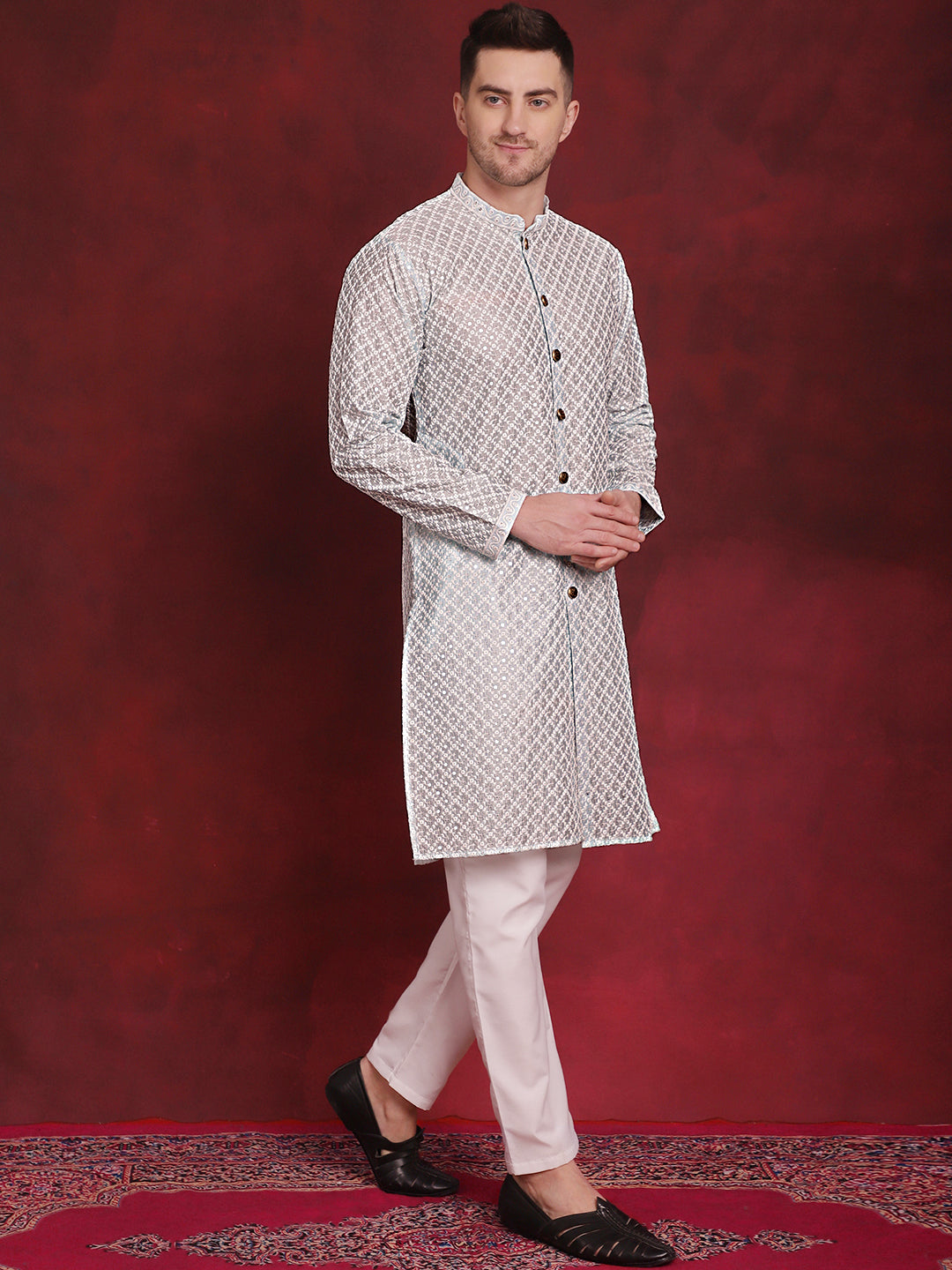 Jompers Men's Sequin Chikankari Front Open Kurta - Sky Blue