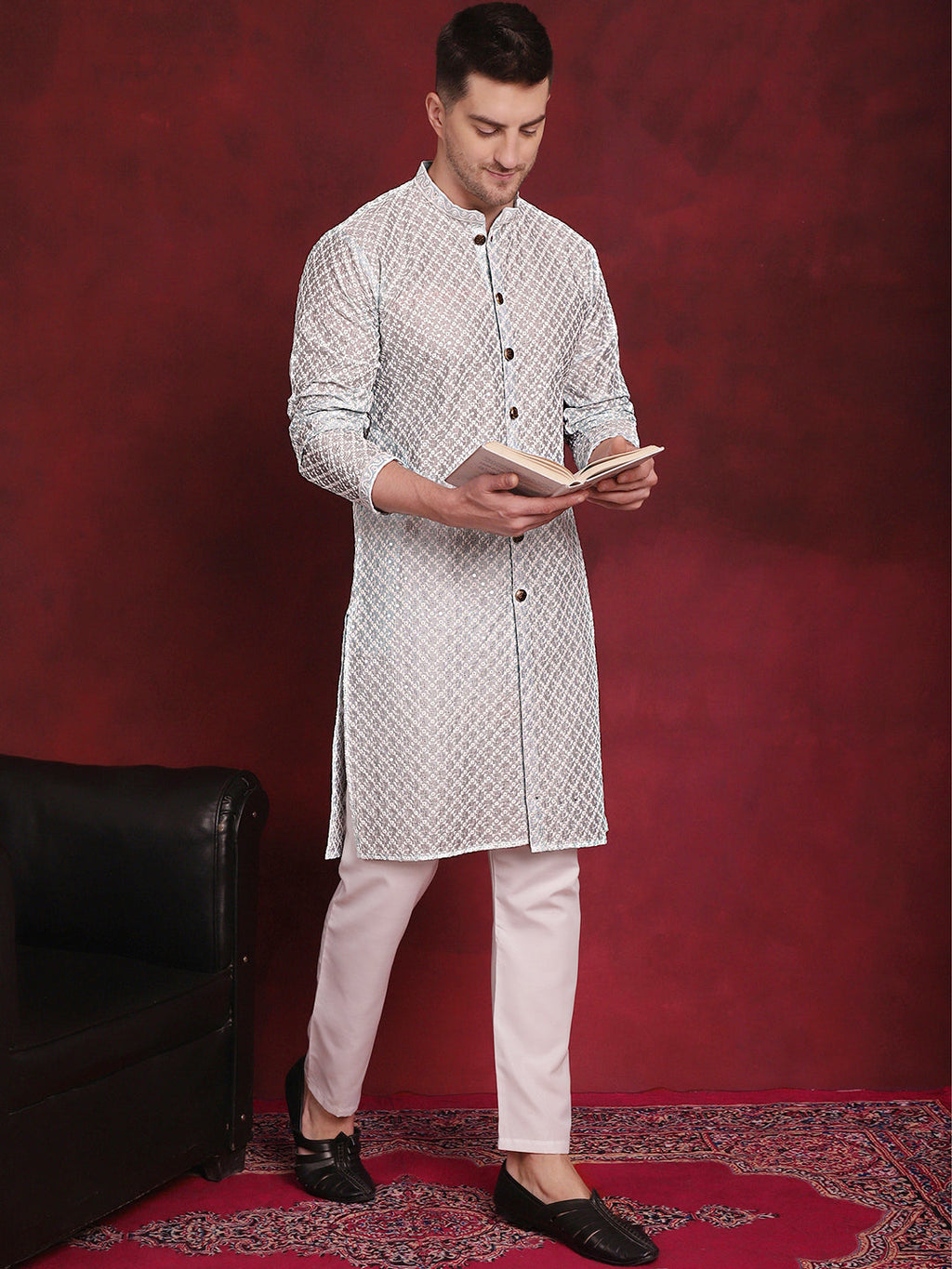 Jompers Men's Sequin Chikankari Front Open Kurta - Sky Blue