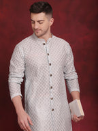 Jompers Men's Sequin Chikankari Front Open Kurta - Sky Blue