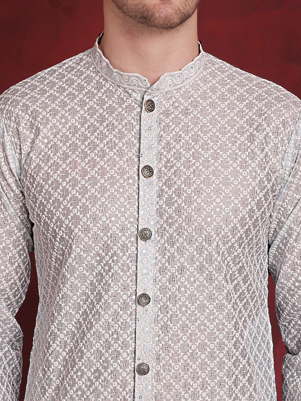 Jompers Men's Sequin Chikankari Front Open Kurta - Sky Blue