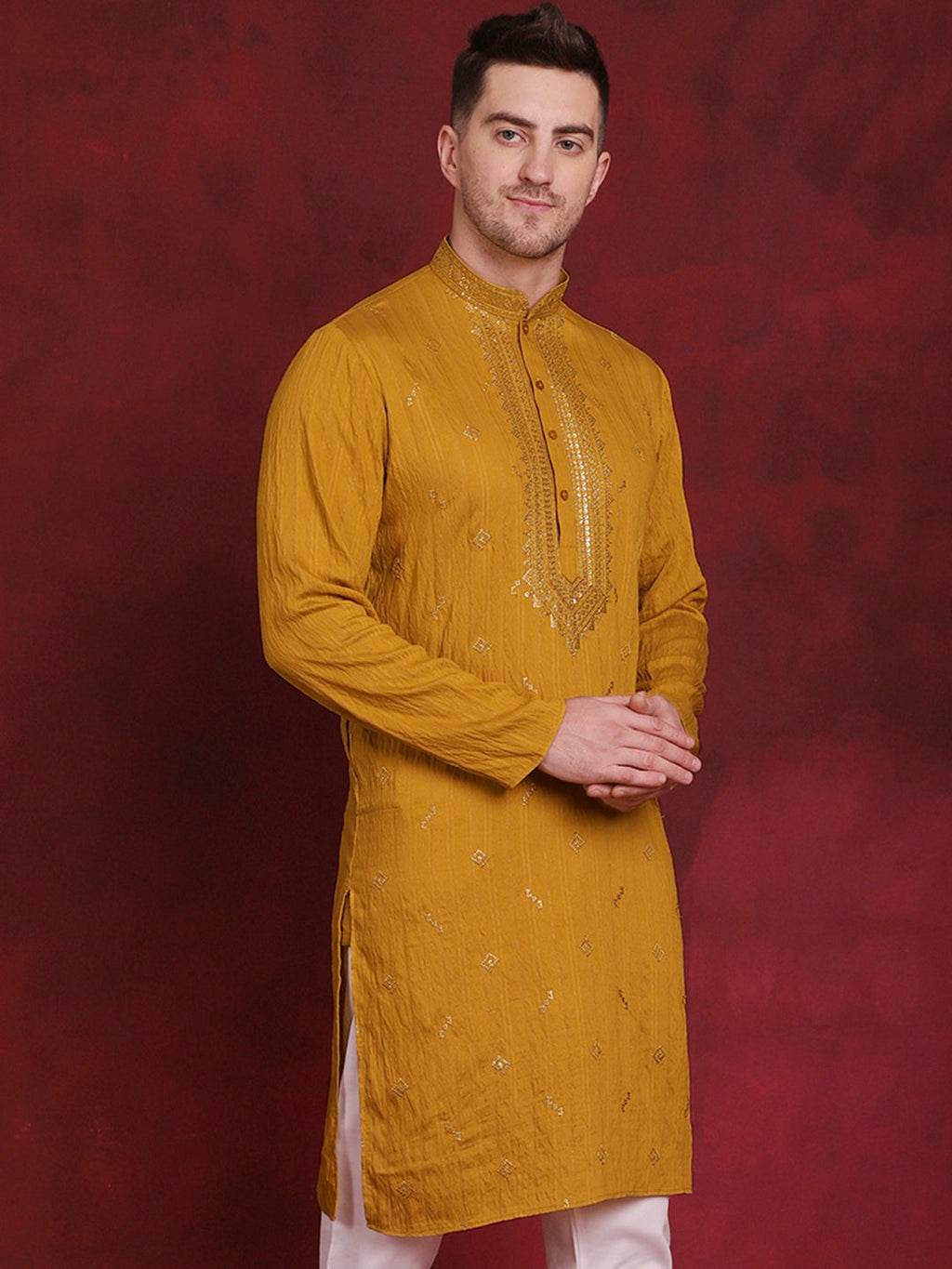 Jompers Men's Sequins Embroidered Kurta - Mustard