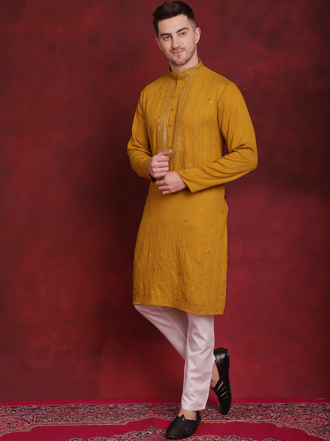 Jompers Men's Sequins Embroidered Kurta - Mustard