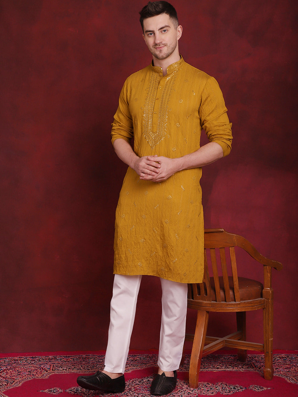 Jompers Men's Sequins Embroidered Kurta - Mustard