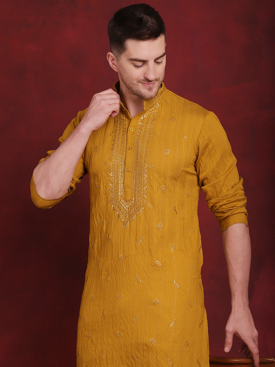 Jompers Men's Sequins Embroidered Kurta - Mustard