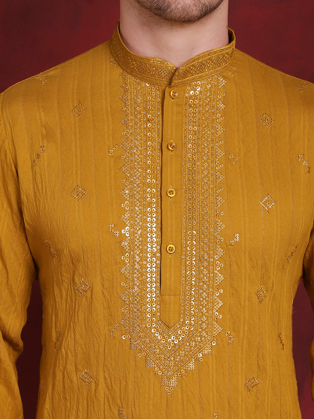 Jompers Men's Sequins Embroidered Kurta - Mustard